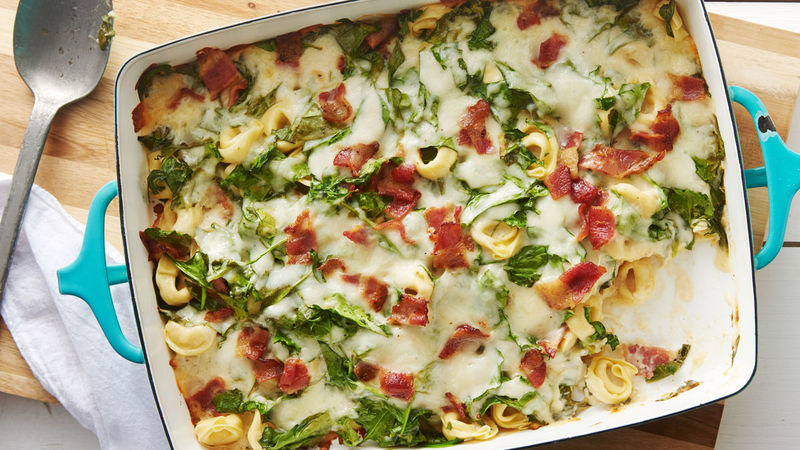 Cheese Tortellini Casserole With Bacon And Spinach Recipe.