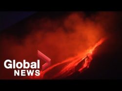Peeps take selfies while Mount Etna illuminates night sky with lava